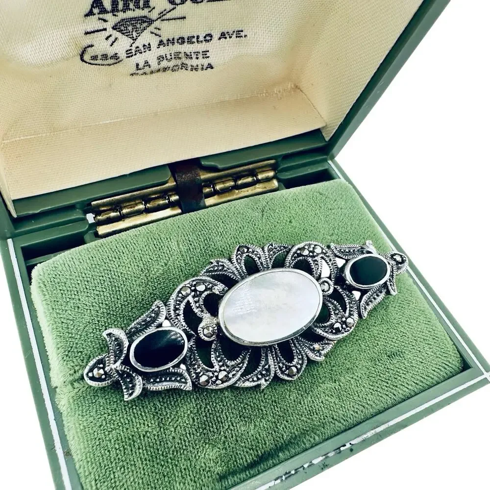 Vintage 925 Victorian Revival Onyx Mother of Pearl Marcasite Filigree Brooch